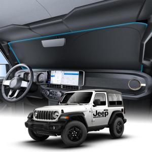 imageWigoo for Jeep Wrangler Windshield Sunshade OEM Design 100 Sun Blockage Foldable Heat Insulation Sun Shade with Storage Bag for Jeep Wrangler 20182026 Silver Coatingfor Jeep Wrangler20182026
